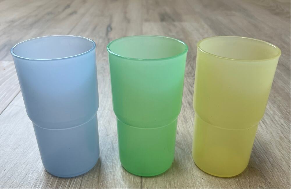 Vintage Tupperware 2412 12 Oz Stackable Tumblers Cups Set 3 Blue Green Yellow